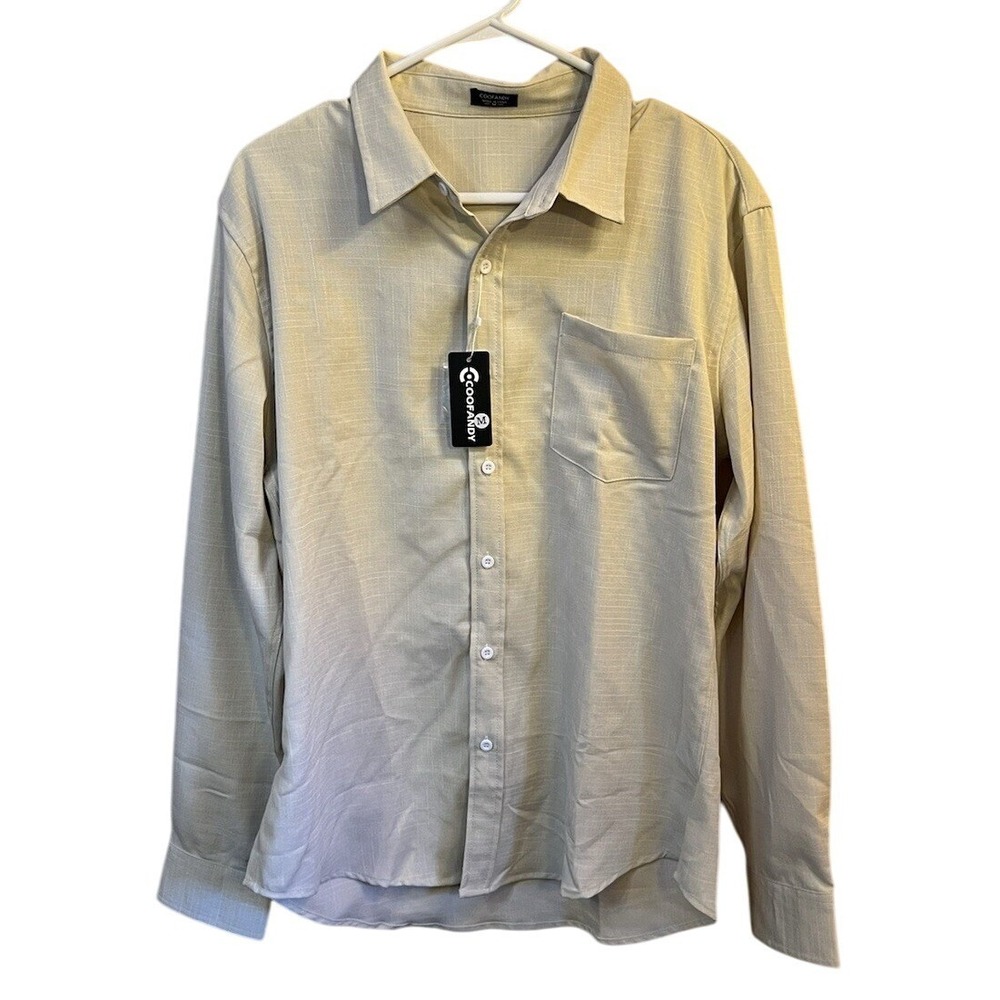 Coofandy Mens Beige Linen Blend Long Sleeve Button Up Shirt Size M